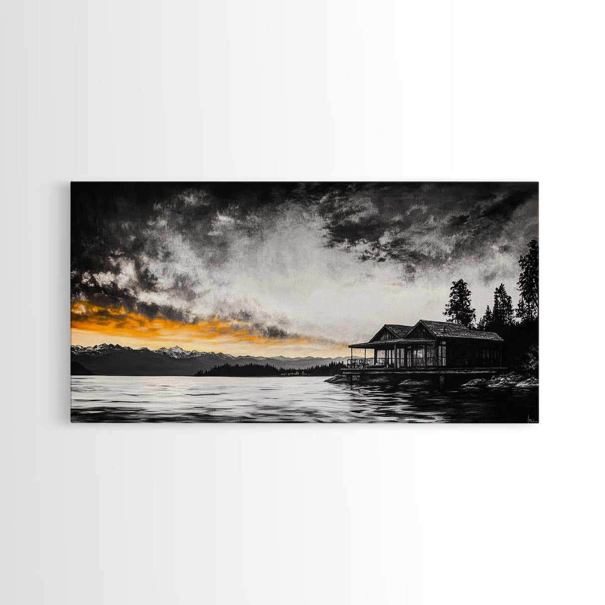 Sunset Cabin, Lake House Art, Mountain Retreat, Framed Canvas Print, Rustic Home Decor, Nature Wall Art, Bedroom Wall Art
