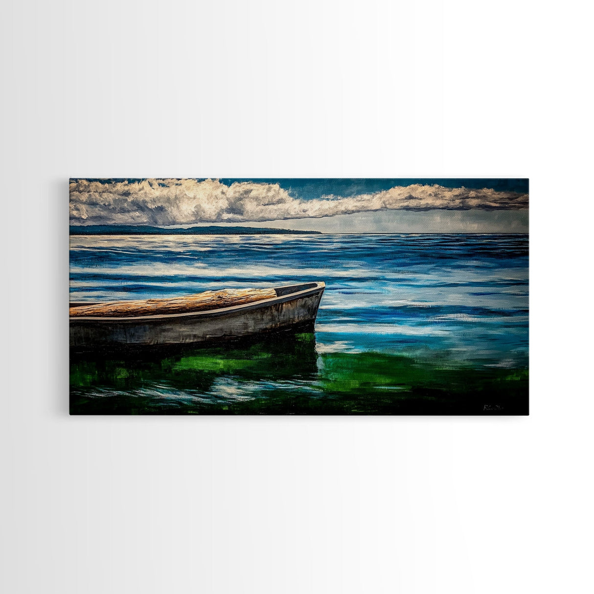 Lonely Boat, Ocean Painting, Nautical Home Decor, Framed Canvas Print, Coastal Wall Art, Blue Water Art, Beach House Art