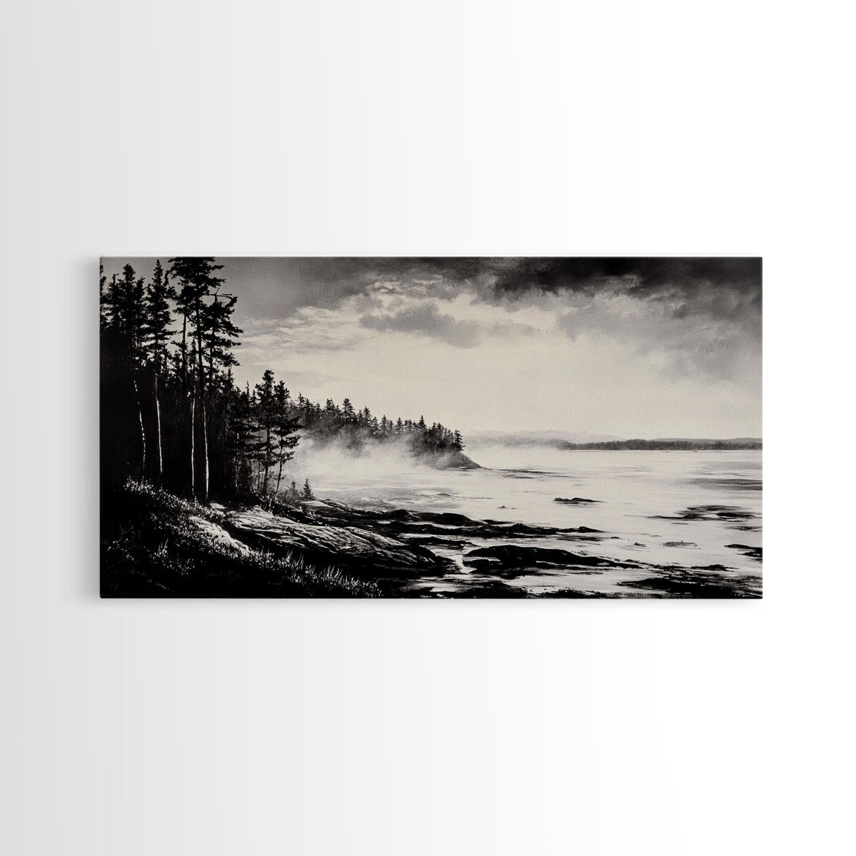 Foggy Coast, Misty Landscape Art, Black and White Wall Art, Canvas Print, Nature Wall Art, Cabin Decor, Moody Art