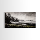 Foggy Hills, Woodland Landscape, Monochrome Art, Canvas Print, Rustic Nature Decor, Peaceful Wall Art, Mountain Art