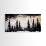 Pine Trees, Fog, Winter, Black and White, Framed Canvas Print, Mountain Art, Rustic Cabin Decor, Christmas Gift, Minimalist Home Wall Art