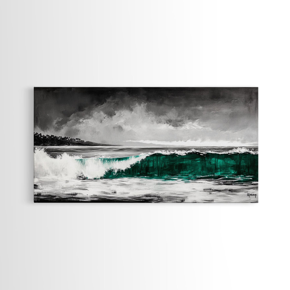 Green Ocean Wave, Dramatic, Black and White, Framed Canvas Print, Coastal Wall Art, Surfer Decor, Beach House Art, Nautical Decor