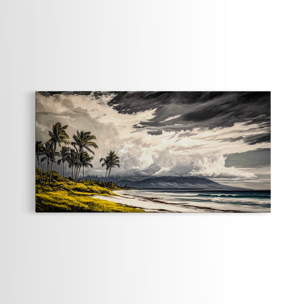 Tropical Beach Painting, Palm Trees Wall Art, Vibrant Coastal Canvas Print, Ocean Inspired Artwork, Living Room Decor, Framed Canvas Print