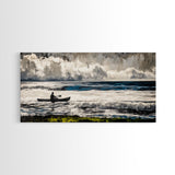Kayaker on the Waves, Black and White Canvas Print, Ocean Adventure Wall Art, Nautical Decor, Living Room Artwork, Framed Canvas Print