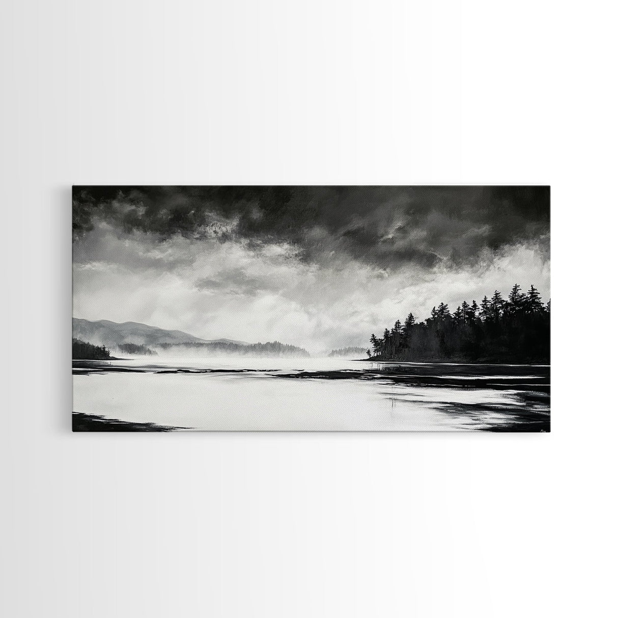 Monochrome Landscape Art, Misty Lake Canvas Print, Nature Wall Decor, Black and White Painting, Living Room Artwork, Framed Canvas Print