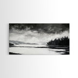 Monochrome Landscape Art, Misty Lake Canvas Print, Nature Wall Decor, Black and White Painting, Living Room Artwork, Framed Canvas Print