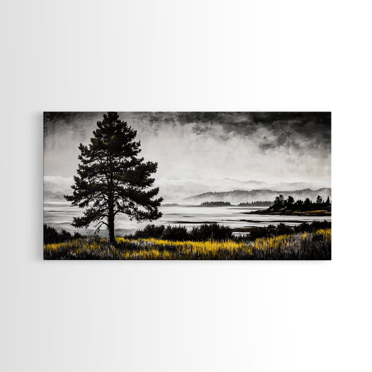 Foggy Pine Tree Art, Landscape Canvas Print, Black and White Painting, Autumn Wall Decor, Cabin Inspired Artwork, Framed Canvas Print