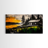 Rustic Cabin Art, Golden Sunset Canvas Print, Autumn Landscape Painting, Nature Wall Decor, Cozy Home Aesthetic, Framed Canvas Print