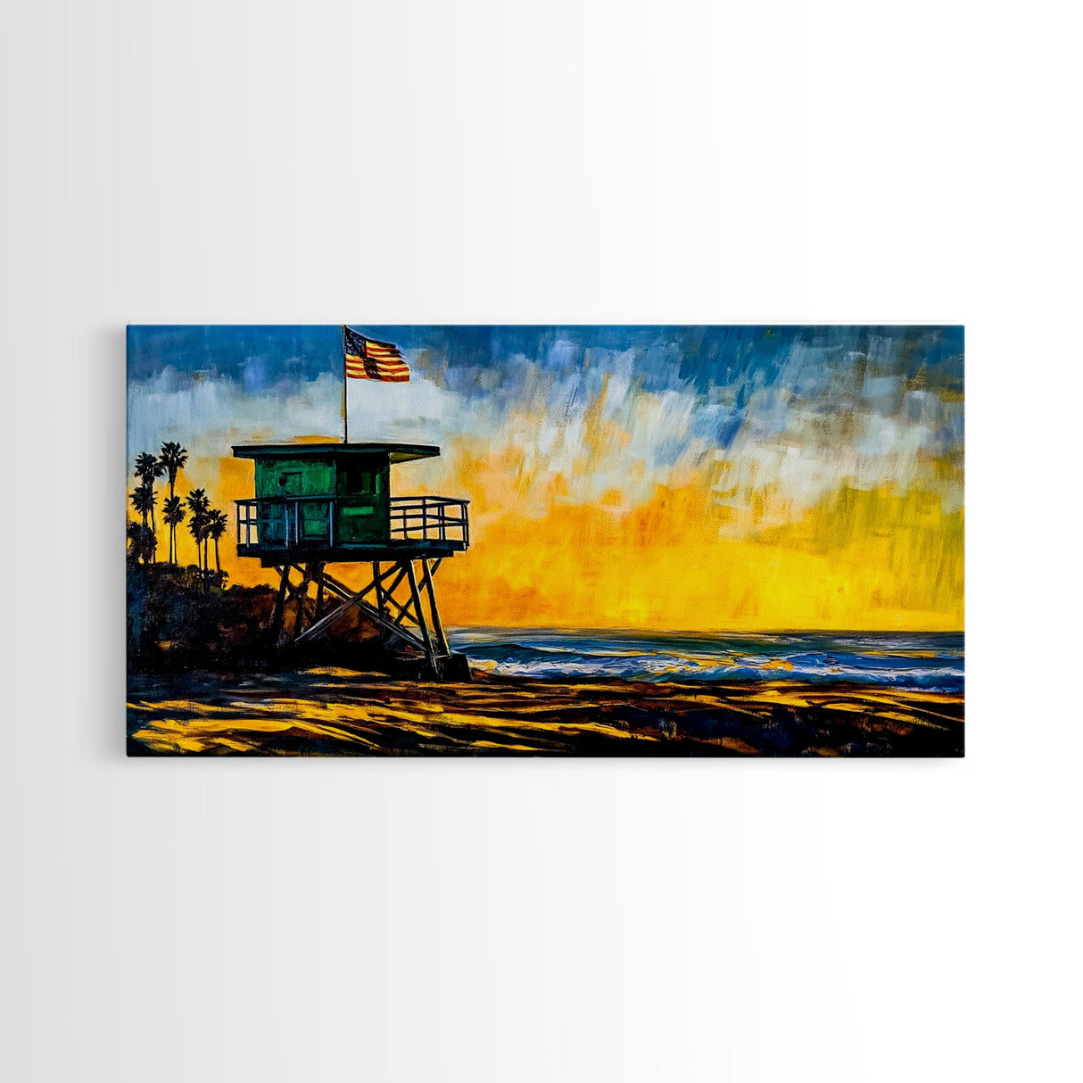Lifeguard Tower, Sunset, Coast, Framed Canvas Print, California Beach Wall Art, Surf Decor, Vibrant Seaside Art, Coastal Home Decor