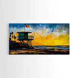 Lifeguard Tower, Sunset, Coast, Framed Canvas Print, California Beach Wall Art, Surf Decor, Vibrant Seaside Art, Coastal Home Decor