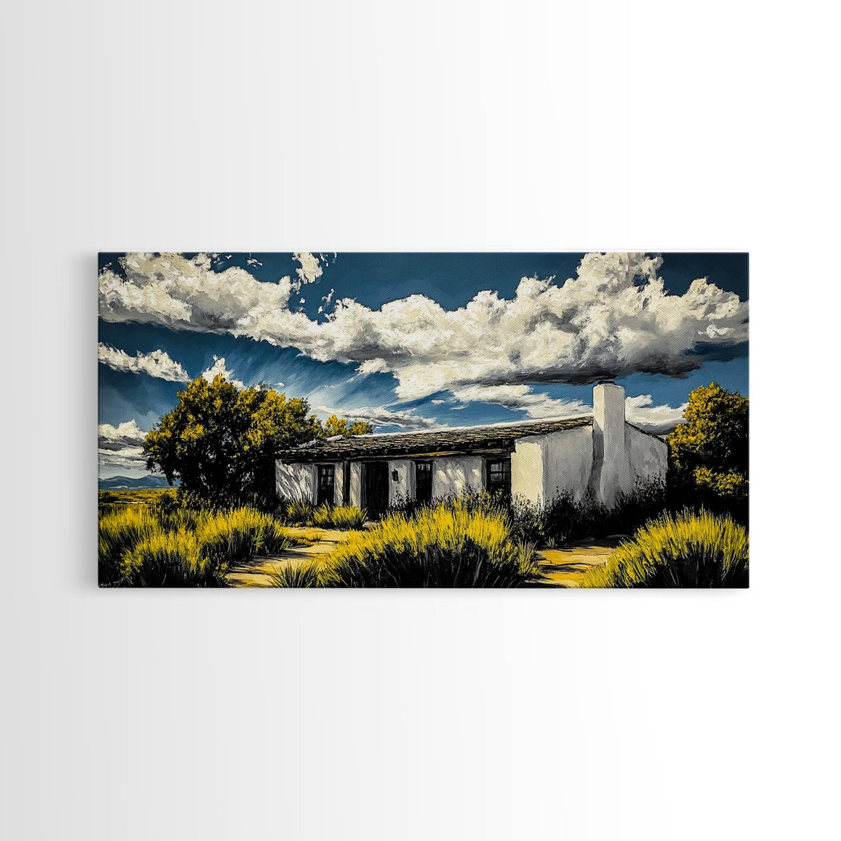 Rustic Desert House, Southwest Wall Art, Western Home Decor, Texas Ranch Art, Adobe House Painting, Earthy Boho Art, Framed Canvas Print