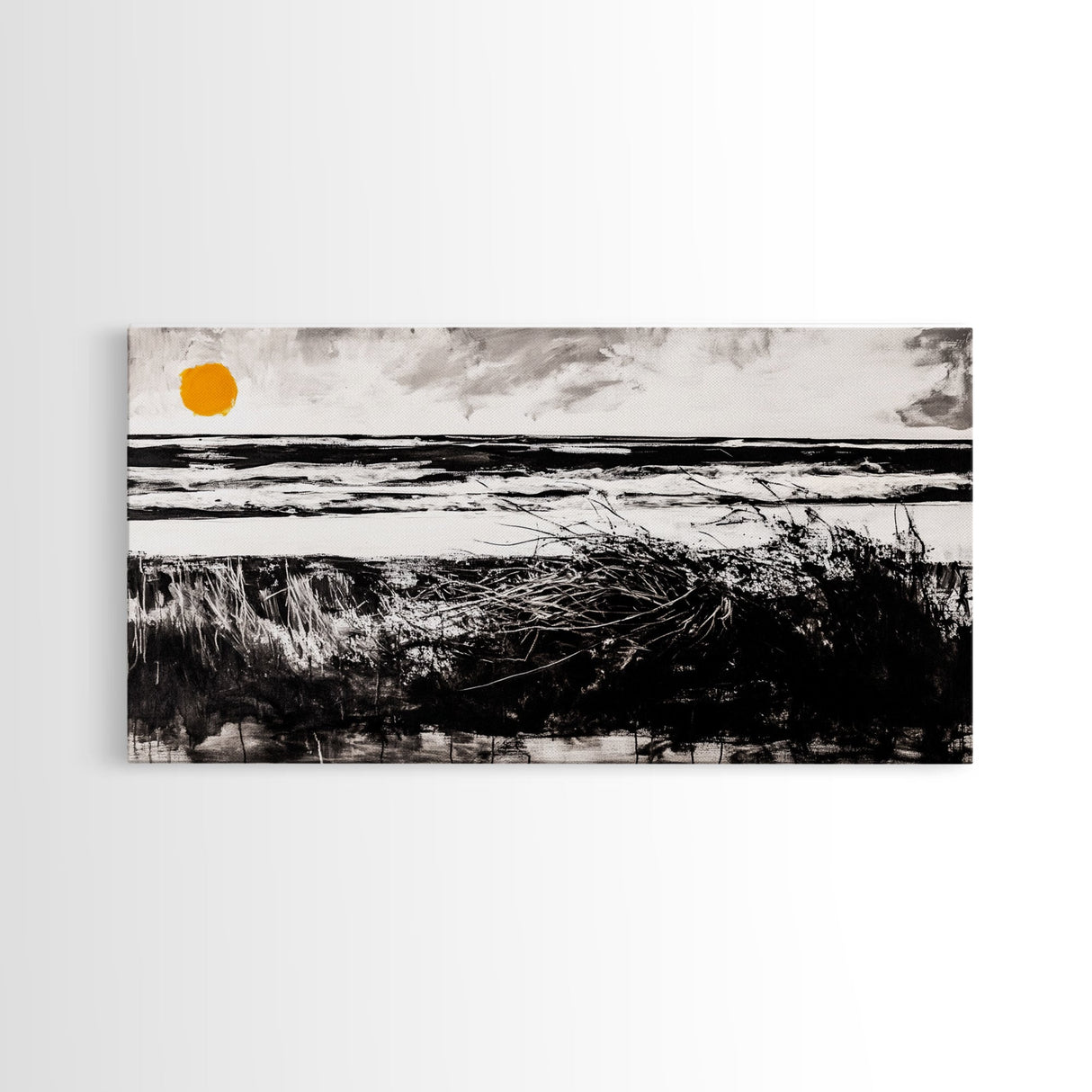 Coastal, Minimalist, Black and White, Framed Canvas Print, Ocean Sunset Wall Art, Beach House Decor, Nautical Artwork, Serene Seascape