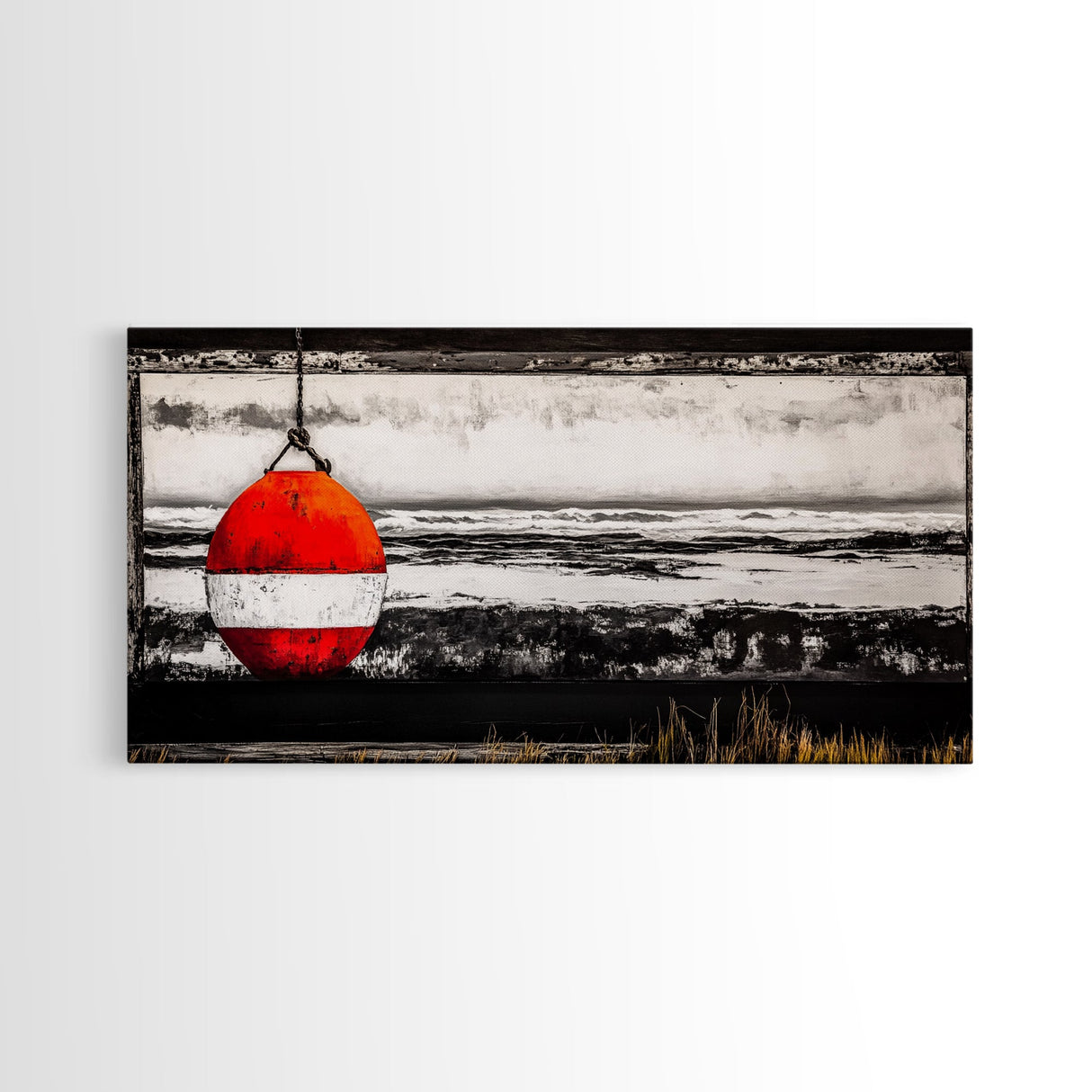 Red Buoy, Nautical, Coastal, Framed Canvas Print, Black and White Beach Scene, Ocean Wall Art, Maritime Decor, Fisherman’s House Artwork