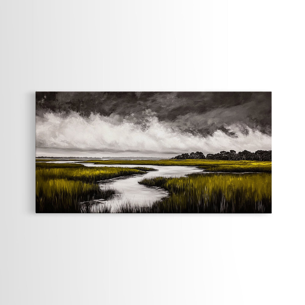 Marshland, Scenic, Natural, Canvas Print, Tranquil River Painting, Serene Landscape Wall Art, Nature Home Decor, Country House Artwork
