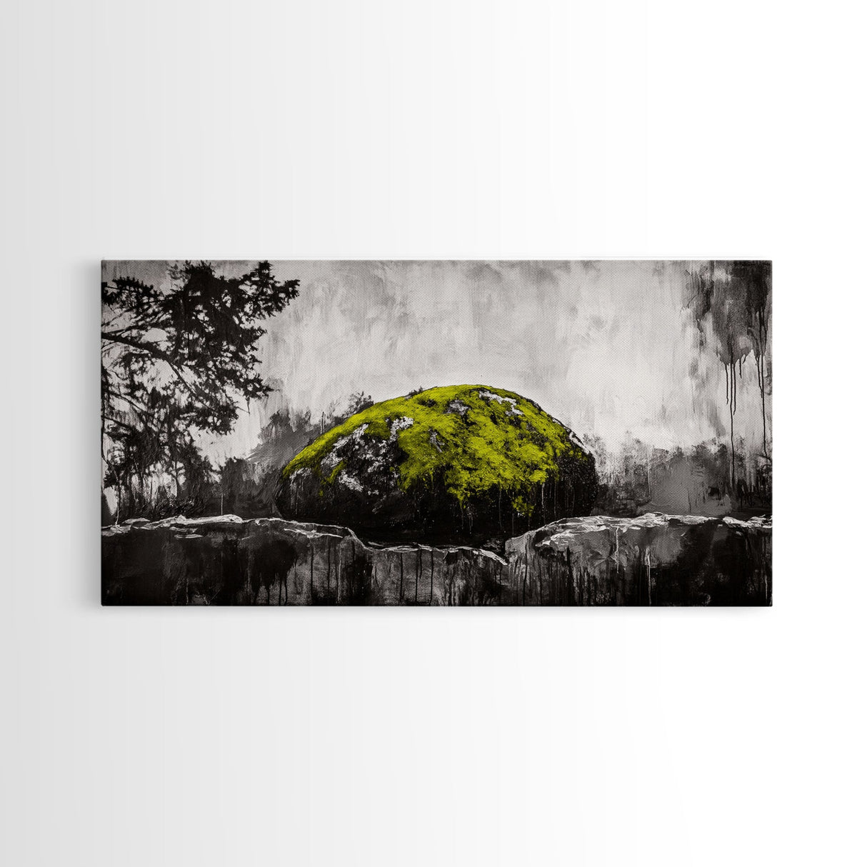 Mossy Rock, Abstract Nature, Green and Black Art, Canvas Print, Rustic Wall Decor, Boho Artwork, Modern Farmhouse Decor