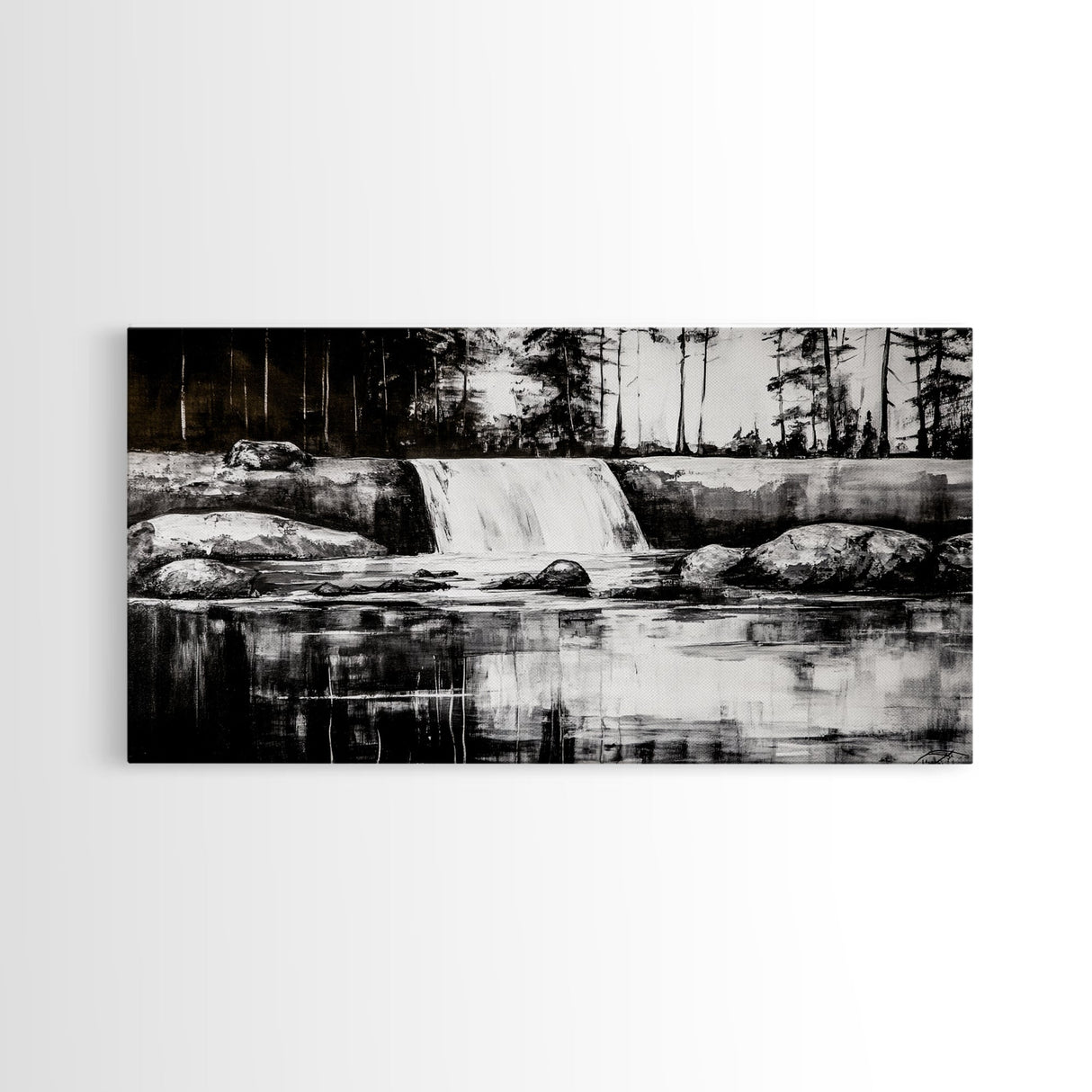 Waterfall Landscape, Black and White Nature Art, Forest Wall Decor, Rustic Art, Minimalist Landscape, Cabin Artwork, Framed Canvas Print