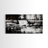 Waterfall Landscape, Black and White Nature Art, Forest Wall Decor, Rustic Art, Minimalist Landscape, Cabin Artwork, Framed Canvas Print