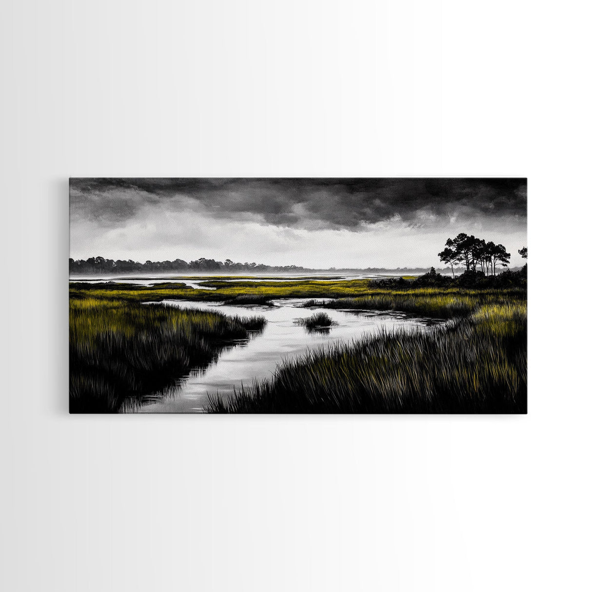 Marshland Scene, Serene Landscape, Black and White Nature Art, Modern Decor, Misty Grasslands, Living Room Artwork, Framed Canvas Print