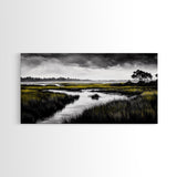 Marshland Scene, Serene Landscape, Black and White Nature Art, Modern Decor, Misty Grasslands, Living Room Artwork, Framed Canvas Print