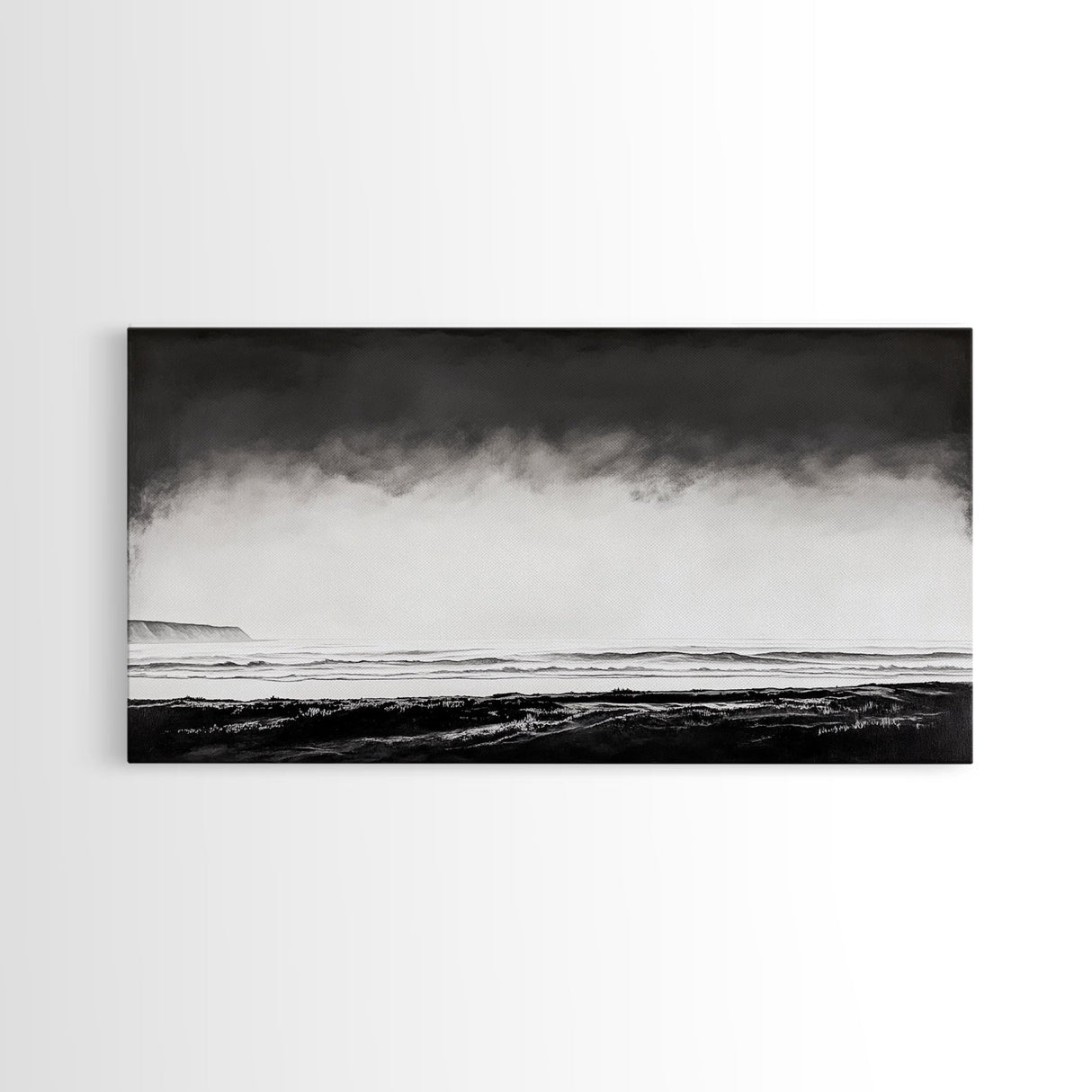 Foggy Ocean, Misty Beach, Black and White Minimalist, Canvas Print, Modern Wall Art, Bedroom Decor, Neutral Tones, Serene Seascape
