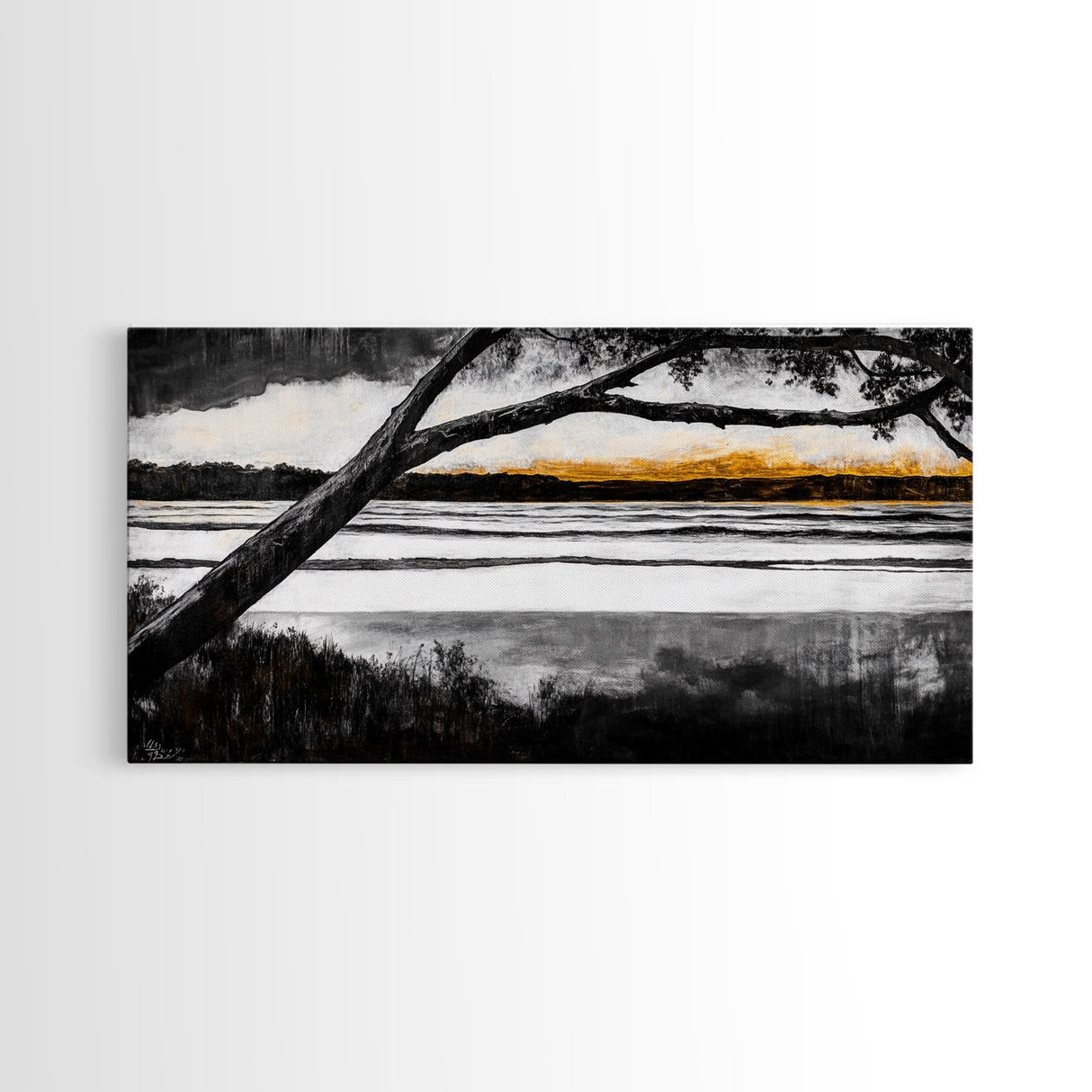 River Sunset, Golden Hour Reflection, Tranquil Waterscape, Moody Landscape Art, Nature Lover Gift, Canvas Print, Bedroom Wall Decor