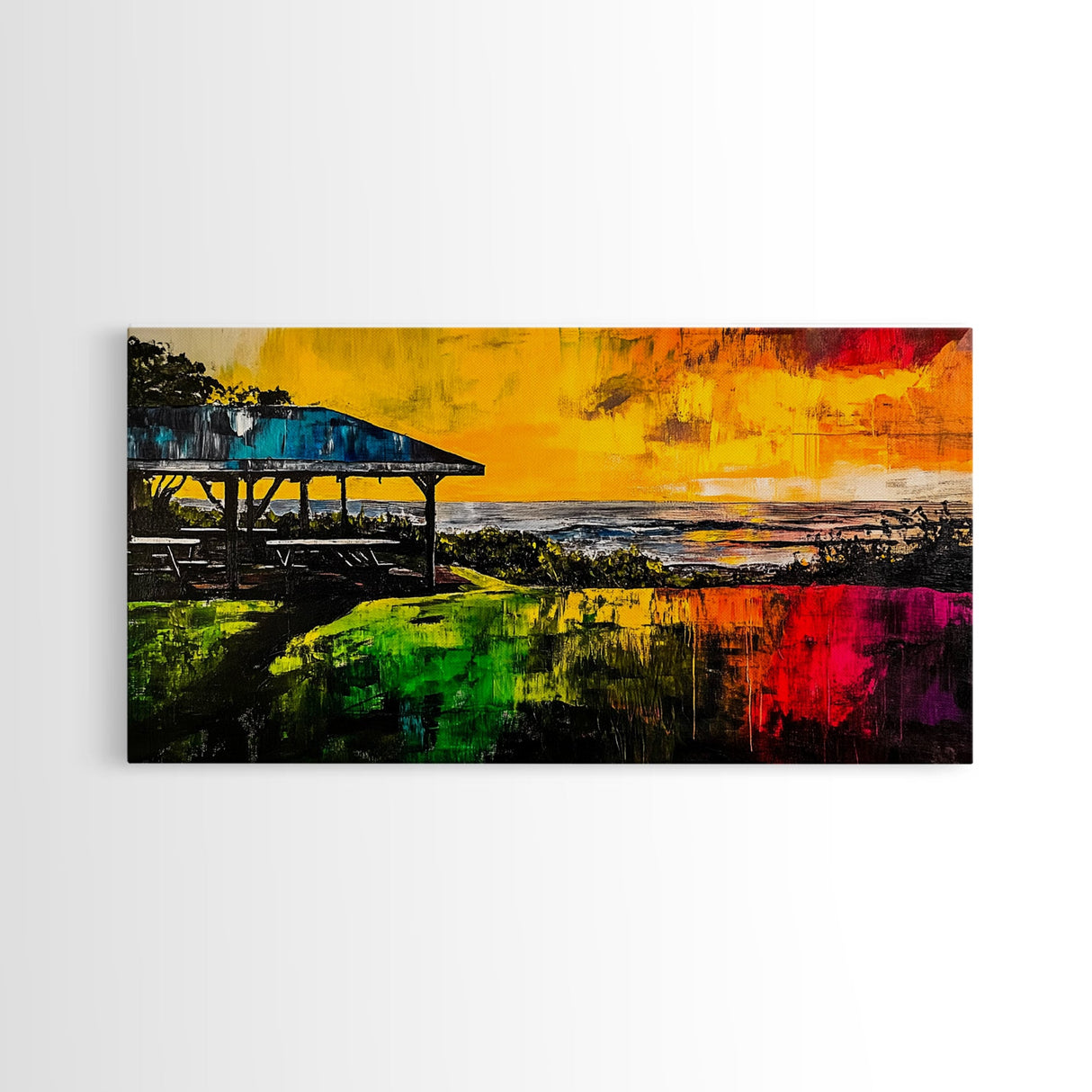 Sunset Pavilion, Coastal Art, Beach Painting, Framed Canvas Print, Vibrant Landscape, Ocean Sunset, Living Room Wall Art, Bold Colors