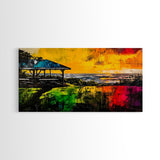 Sunset Pavilion, Coastal Art, Beach Painting, Framed Canvas Print, Vibrant Landscape, Ocean Sunset, Living Room Wall Art, Bold Colors