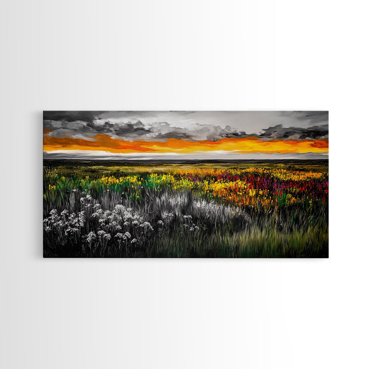 Vibrant Sunset, Colorful Sky, Wildflower Meadow, Framed Canvas Print, Fall Landscape, Nature Art, Living Room Decor, Rustic Warmth