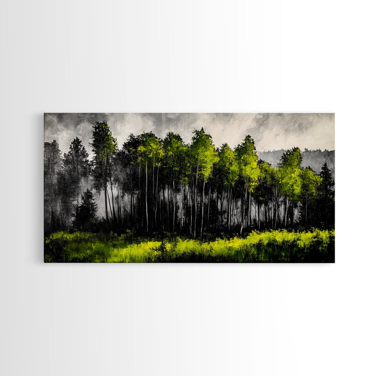 Misty Forest, Dark Green, Woodland Print, Nature Wall Art, Large Framed Artwork, Rustic Cabin Decor, Wilderness Painting, Moody Wall Art