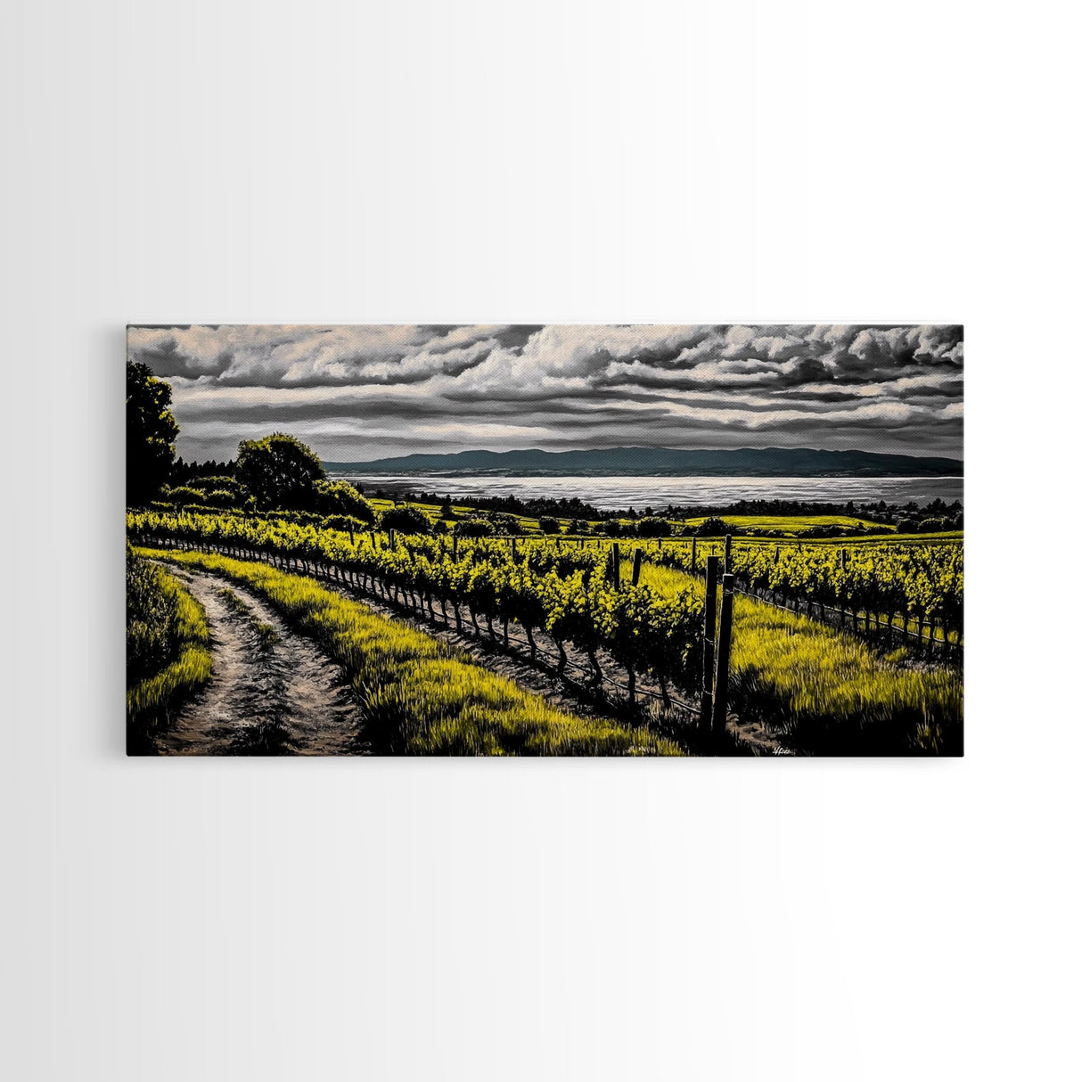 Vineyard View, Rolling Hills, Country Art, Framed Canvas Print, Rustic Landscape, Black White Yellow, Living Room Wall Art, Large Canvas