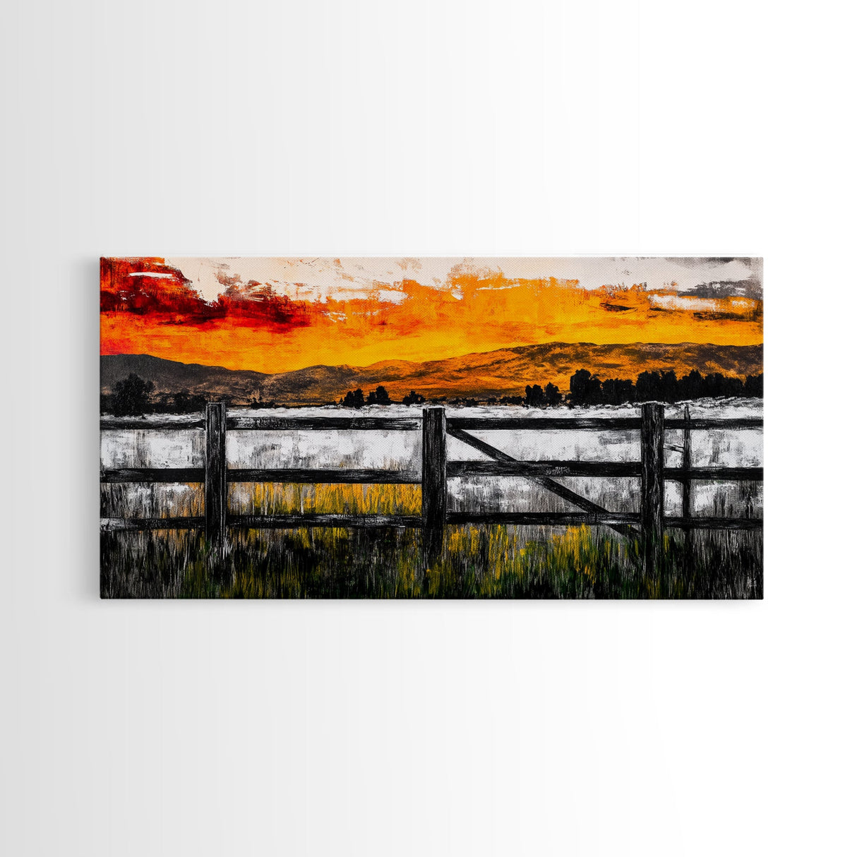Sunset Fence, Mountain View, Rustic Canvas Print, Large Wall Art, Autumn, Farmhouse Painting, Framed Canvas Print, Moody Home Decor