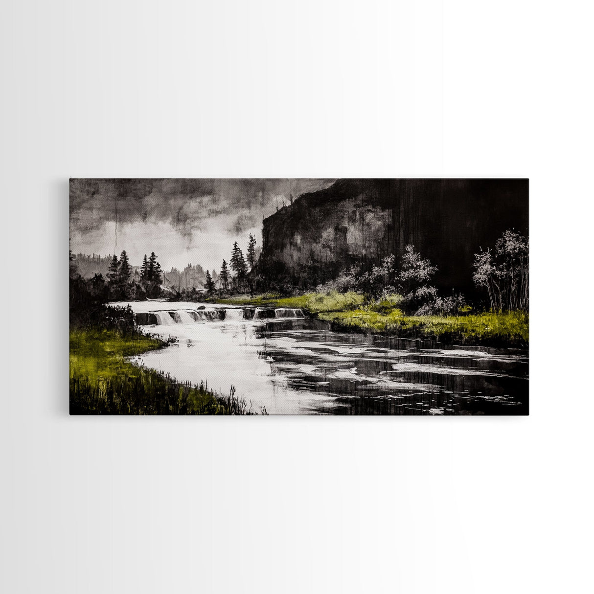 Forest Waterfall, Black and White Landscape, Nature Wall Art, Rustic Lodge Decor, Cabin Home Art, Peaceful River Scene, Canvas Print