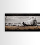 Seashell and Waves, Nautical Art, Coastal Beach Decor, Black and White Seascape, Ocean Home Art, Framed Canvas Print, Elegant Art