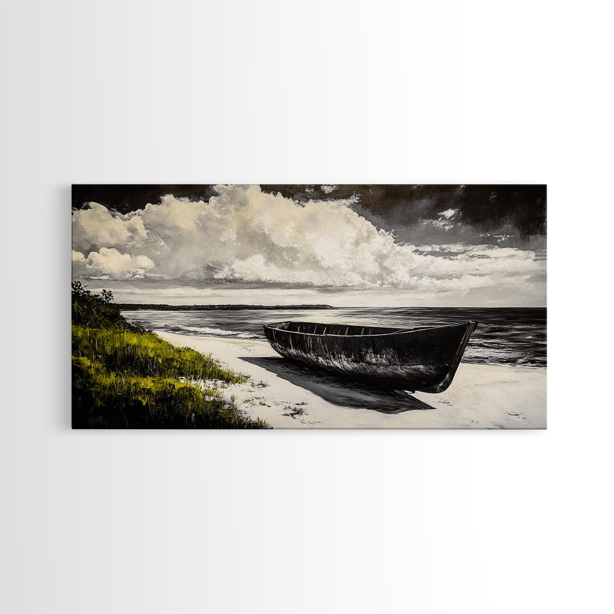 Abandoned Boat, Black White, Seaside Art, Framed Canvas Print, Rustic Beach Decor, Nautical Wall Art, Coastal Print, Office Decor