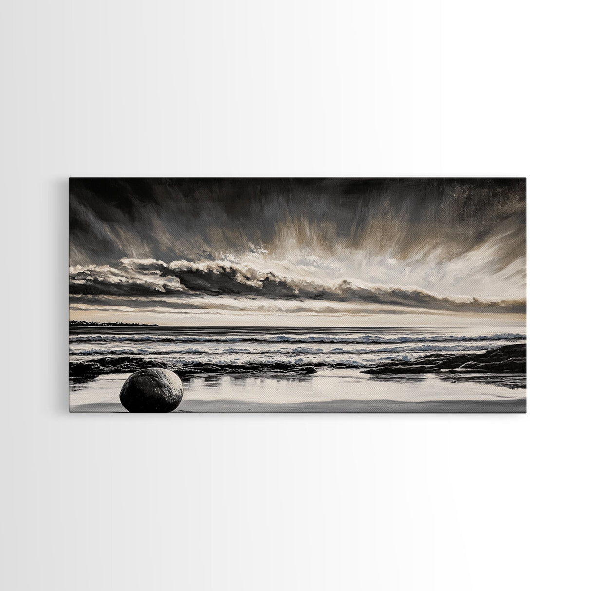Moody Beach, Black White, Ocean Sunset, Canvas Print, Dramatic Seascape, Coastal Wall Art, Relaxing Home Decor, Living Room Artwork