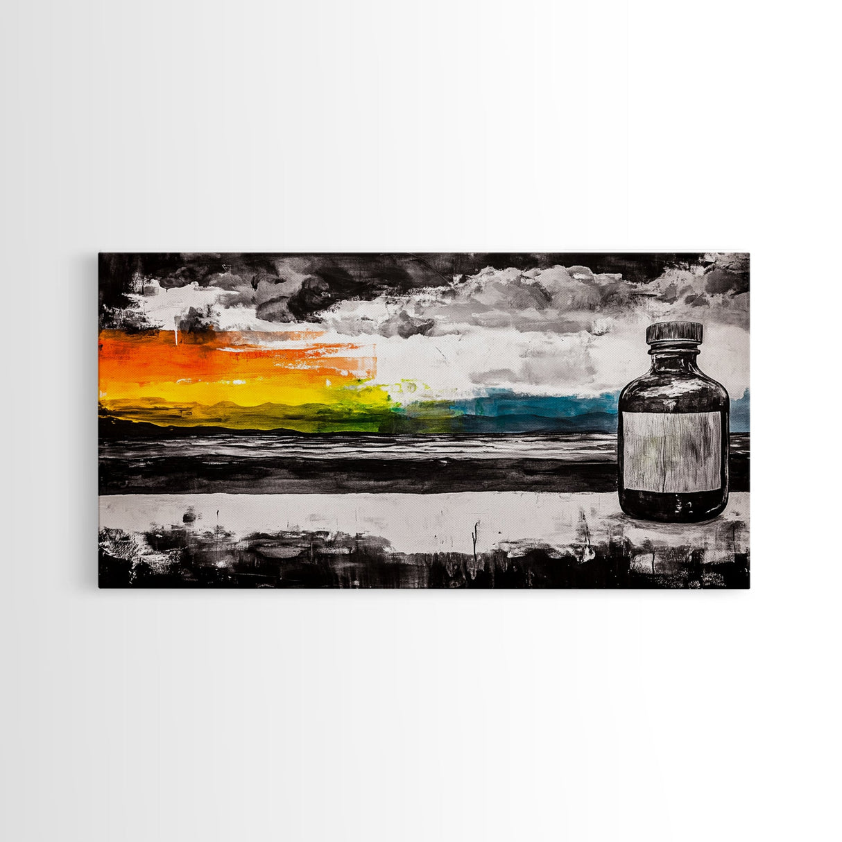 Medicine Bottle, Surreal Art, Sunset Print, Framed Canvas Print, Dreamy Landscape, Modern Wall Decor, Eclectic Art, Office Artwork