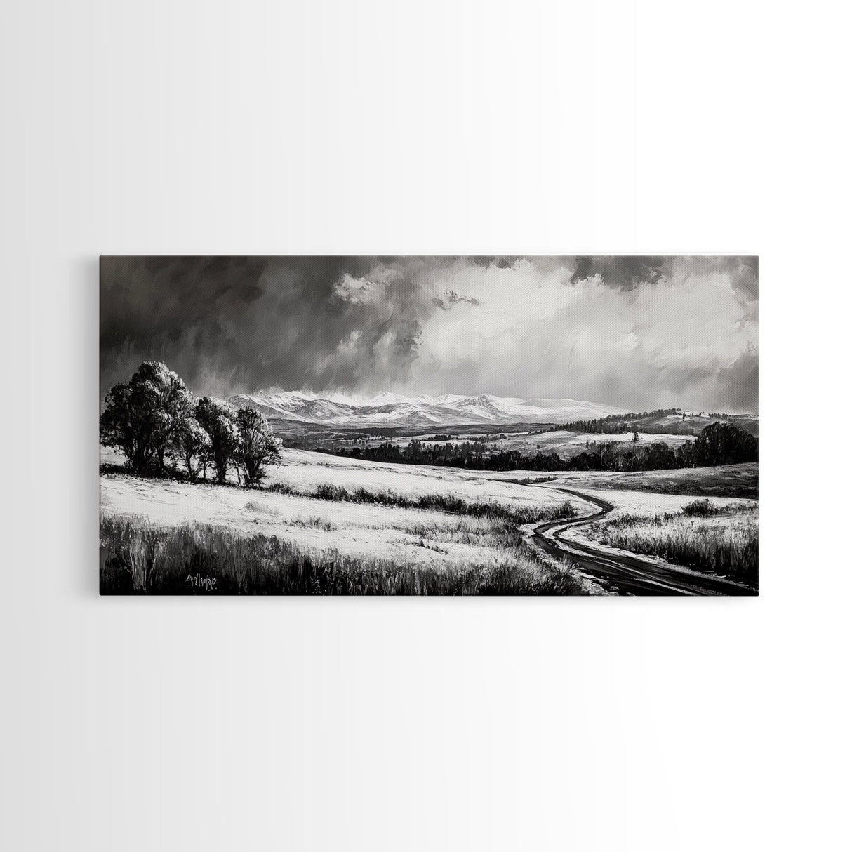 Winter Landscape, Black White, Scenic Country Road, Framed Canvas Print, Serene Nature Art, Rustic Wall Decor, Bedroom Artwork