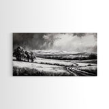 Winter Landscape, Black White, Scenic Country Road, Framed Canvas Print, Serene Nature Art, Rustic Wall Decor, Bedroom Artwork