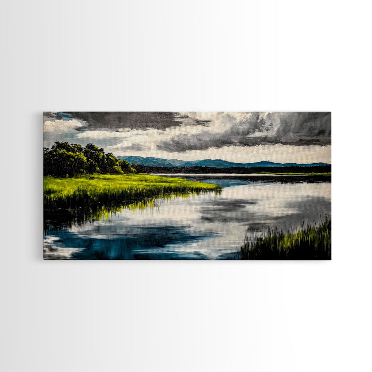 Serene River, Nature Landscape, Green Fields, Peaceful Wall Art, Modern Rustic Decor, Living Room Art, Scenic View, Canvas Print