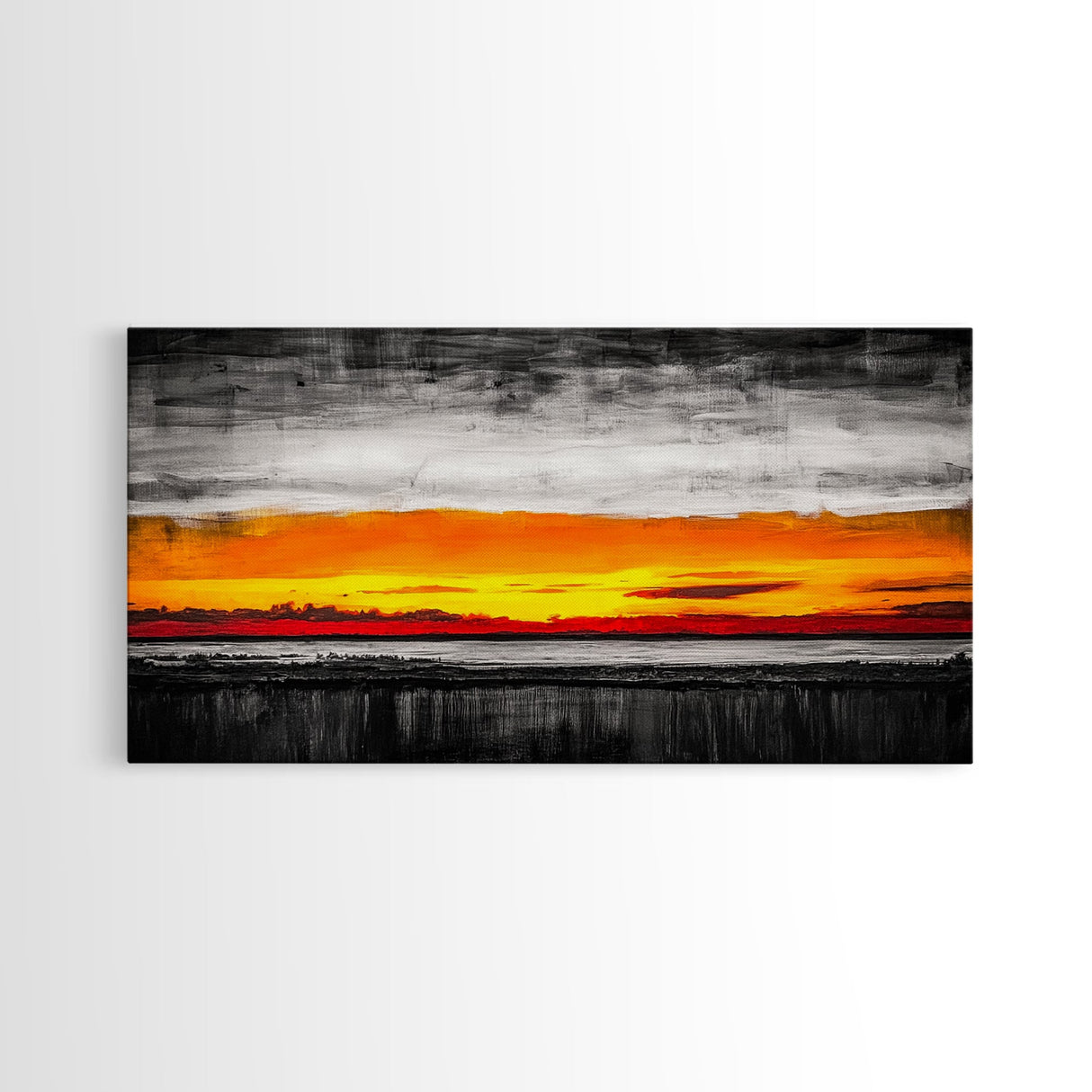 Fiery Sunset, Dramatic Sky, Abstract Landscape, Bold Colors, Modern Expressionism, Vibrant Wall Decor, Warm Tones, Framed Canvas Print
