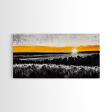 Sunrise Over Fields, Golden Light, Black and White Contrast, Tranquil Scene, Minimalist Wall Art, Warm Tones, Framed Canvas Print