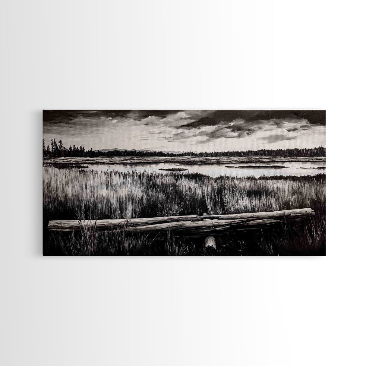 Marshland, Serene, Nature, Black and White, Framed Canvas Print, Landscape Painting, Rustic Wall Art, Cabin Decor, Neutral Tone Art