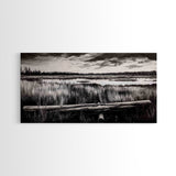 Marshland, Serene, Nature, Black and White, Framed Canvas Print, Landscape Painting, Rustic Wall Art, Cabin Decor, Neutral Tone Art