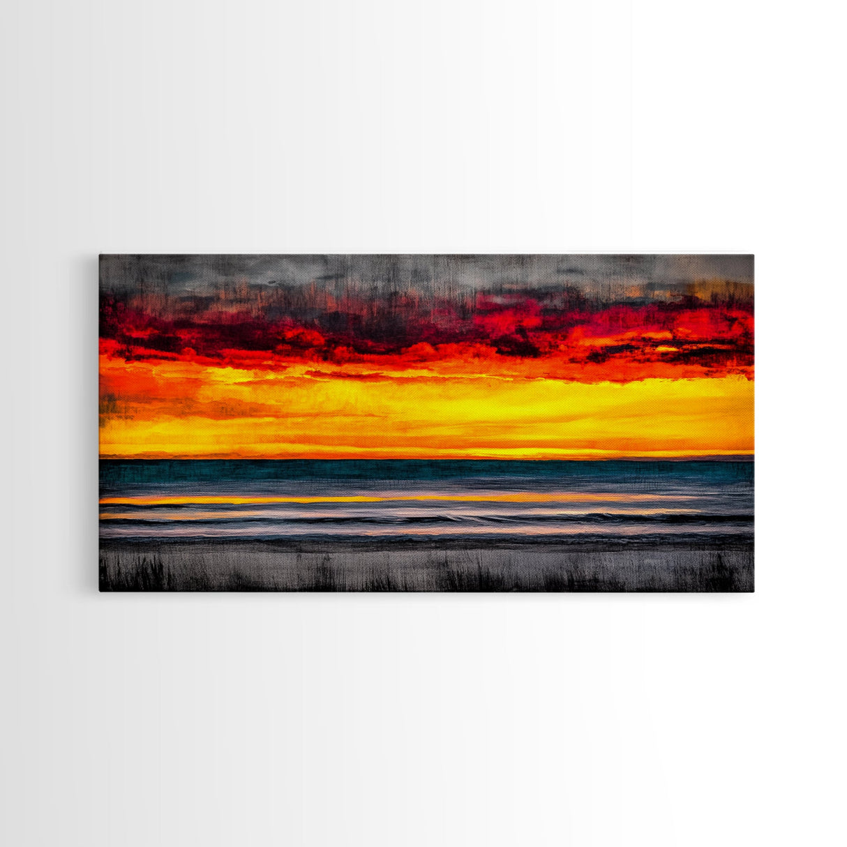 Sunset Beach, Ocean Art, Coastal Landscape, Modern Canvas Print, Boho Wall Art, Vibrant Seascape, Living Room Decor, Bold Art