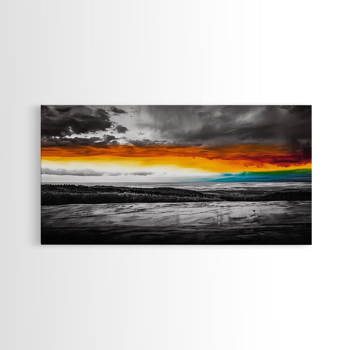 Sunset Horizon, Dramatic Sky, Abstract, Modern Nature Art, Living Room Wall Art, Framed Canvas Print, Colorful Painting, Scenic View