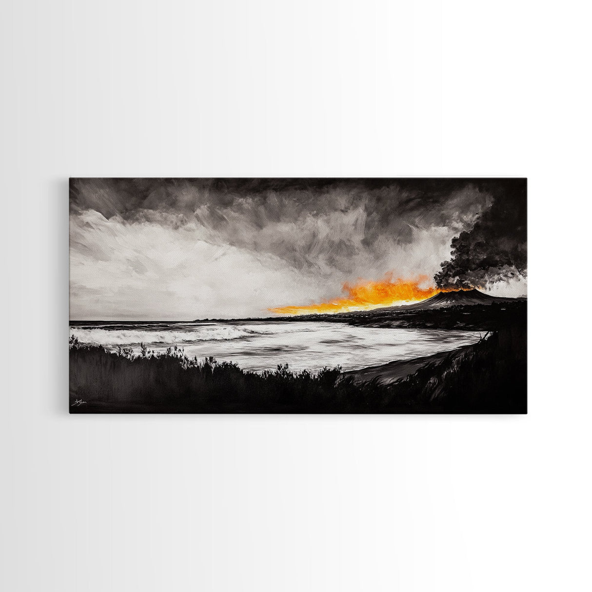 Volcano Eruption, Dramatic Landscape Art, Black and White Wall Art, Fiery Sunset Painting, Large Framed Canvas Print, Office Decor