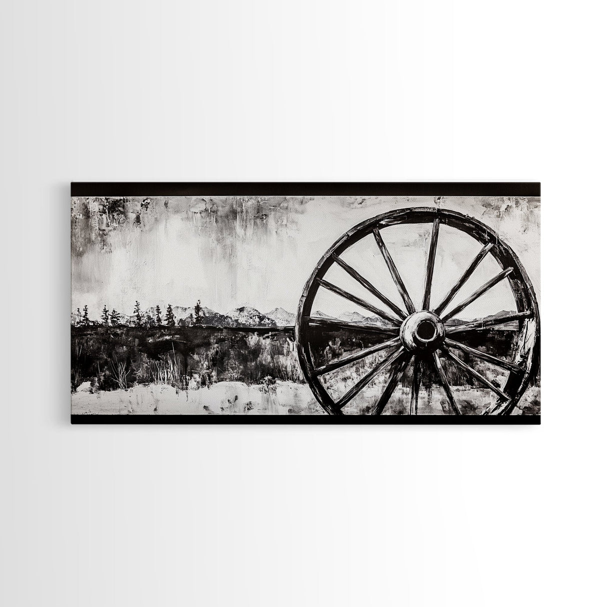 Wagon Wheel, Mountain Landscape, Black and White Western Art, Rustic Home Decor, Framed Canvas Print, Farmhouse Living Room Art