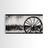 Wagon Wheel, Mountain Landscape, Black and White Western Art, Rustic Home Decor, Framed Canvas Print, Farmhouse Living Room Art