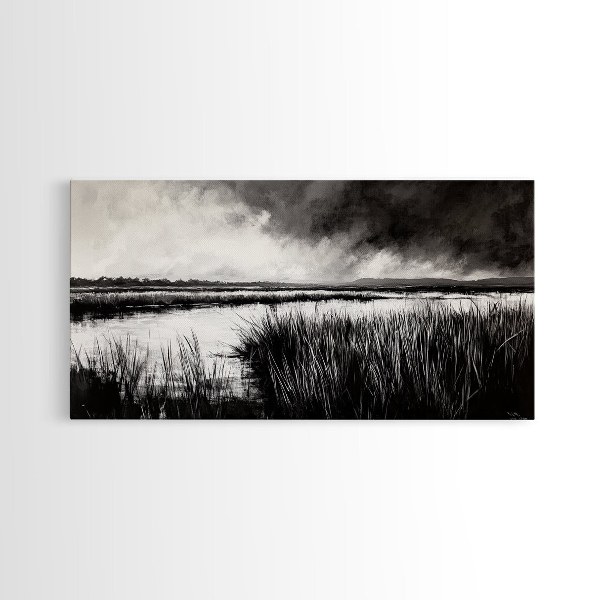 Marshland Landscape, Moody Black and White Art, Nature Wall Decor, Large Framed Canvas Print, Serene Wetlands Painting