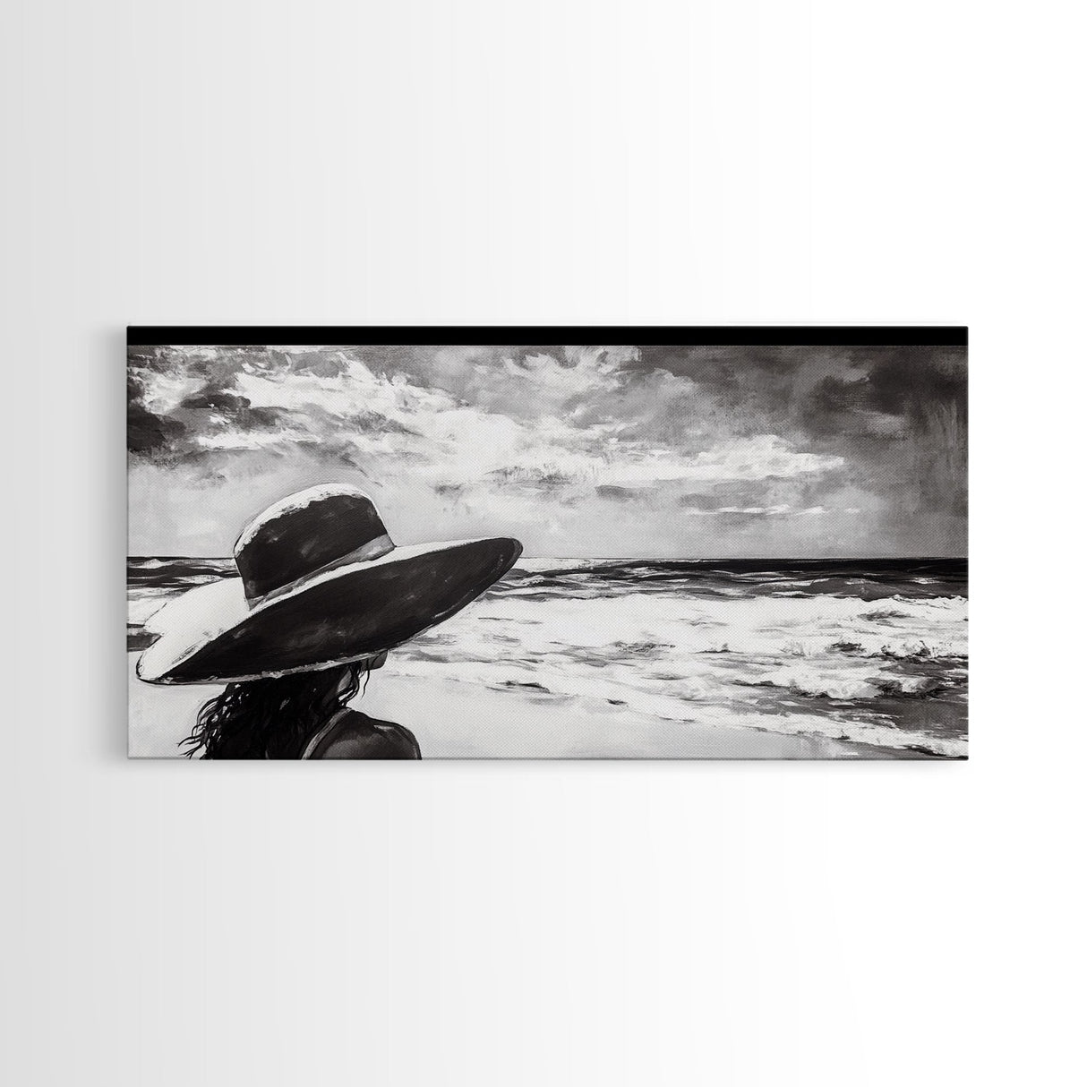 Woman at Beach, Black and White Wall Art, Minimalist Canvas Print, Modern Coastal Decor, Ocean View Art, Living Room Wall Art